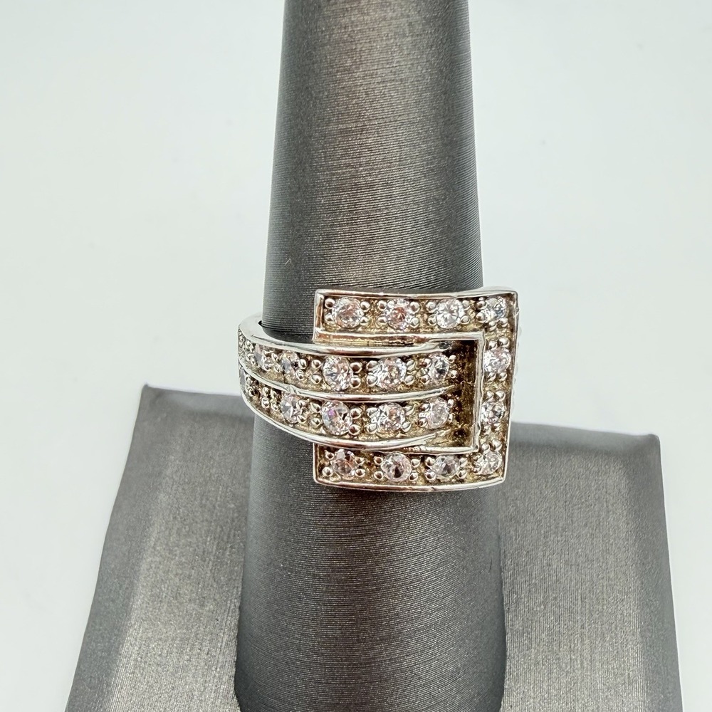925 Vintage Estate Sterling Silver Ring Belt Buckle CZ Size‎ 7 Read